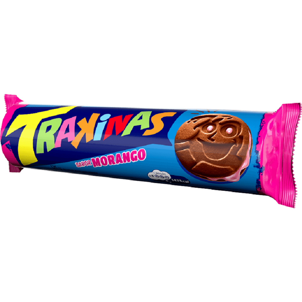 BISCOITO TRAKINAS RECHEADO SABOR MORANGO 126G - docesvaz