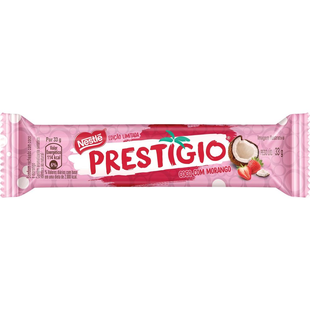 CHOCOLATE PRESTIGIO COCO COM MORANGO CONTEM 30 UNIDADES DE 33G CADA